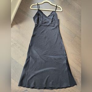 JAPNA Black Slip Satin Midi Dress Ruffle Zip Side Slit Size Small